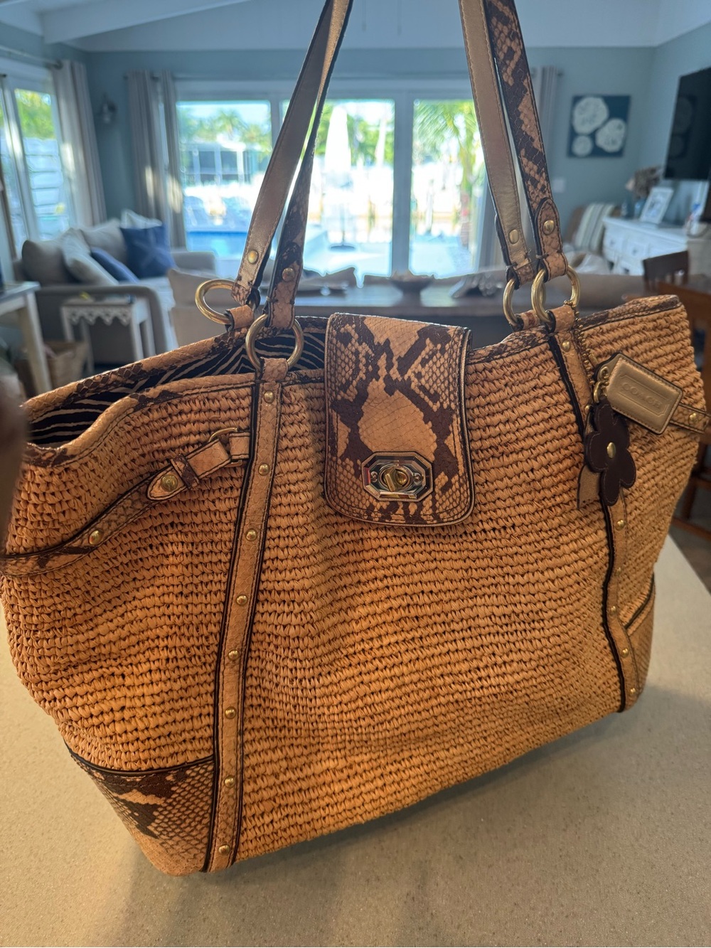 Coach Woven Straw Tote in Brown with Floral Charm - Picture 2 of 10